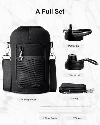 Trebo 64 oz Water Bottle Insulated with Handle, Half Gallon Stainless Steel Metal Large Water Jug, Travel Flask with Straw Spout Lid, Wide Mouth Mug with Carry Pouch, Keep Cold Hot, Black