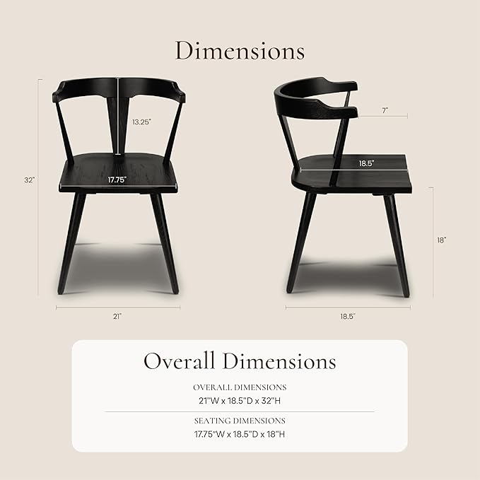 Poly & BARK Mid Century Modern Enzo Black Dining Chair – Solid Oak Wood Splat Back Chair, 18" Seat Height, 32" Tall – Stylish MCM Kitchen & Dining Room Chair - Set of 4