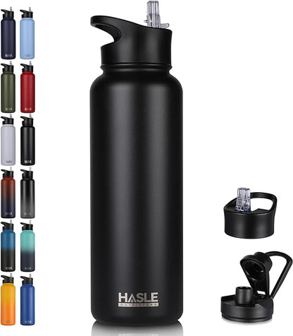 HASLE OUTFITTERS 40oz Stainless Steel Water Bottle, Vacuum Insulated Double Walled Leak Proof Sports Water Bottle with 2 Lids (Straw and Spout Lid) Thermo Mug Keep Cold and Hot(Black,1)
