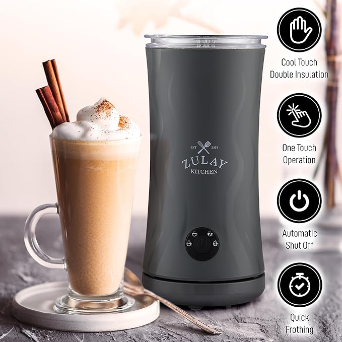 Zulay 4-in-1 Milk Frother and Steamer - Automatic Hot and Cold Foam Maker with Auto Shut Off & Temperature Control for Coffee, Latte, Cappuccino, Hot Chocolate - Gray