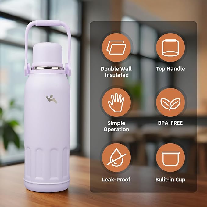 Insulated Water Bottle with Handle and Strap,Vacuum Travel Tumbler with Cup Lid,Thermo Coffee Cup for Hot Cold Drinks 50 OZ,Purple