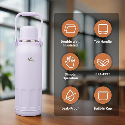 Insulated Water Bottle with Handle and Strap,Vacuum Travel Tumbler with Cup Lid,Thermo Coffee Cup for Hot Cold Drinks 50 OZ,Purple