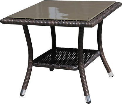 Super Patio Outdoor Side Table, 20" Square Wicker End Table, Tempered Glass Top Coffee Table with Storage, Aluminum Frame-Brown