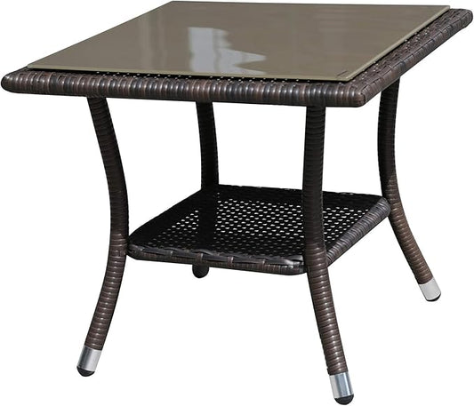 Super Patio Outdoor Side Table, 20" Square Wicker End Table, Tempered Glass Top Coffee Table with Storage, Aluminum Frame-Brown