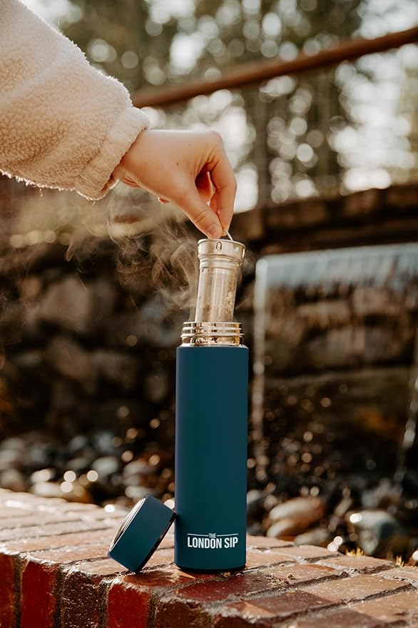 London Sip Multi-Purpose Travel Mug and Tumbler Fruit Infused Flask Hot and Cold Double Wall Stainless Steel Thermos with Extra-Long Infuser, Midnight Teal, Pack of 2