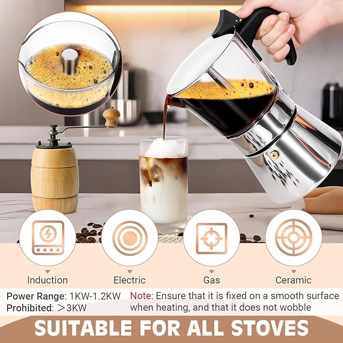 Induction Moka Pot, 9 Cups (15.9 oz) Crystal Glass-Top & Stainless Steel Moka Pot, Classic Stovetop Espresso Maker, Silver