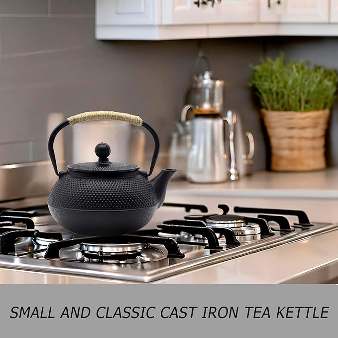 YJX Cast Iron Teapot Set with Cast Iron Warmer, Japanese Tetsubin Tea Kettle Set with Cups,Cast Iron Teapot with Stainless Steel Infuser and Enameled Interior(600ml Teapot Set Combination 1), Black