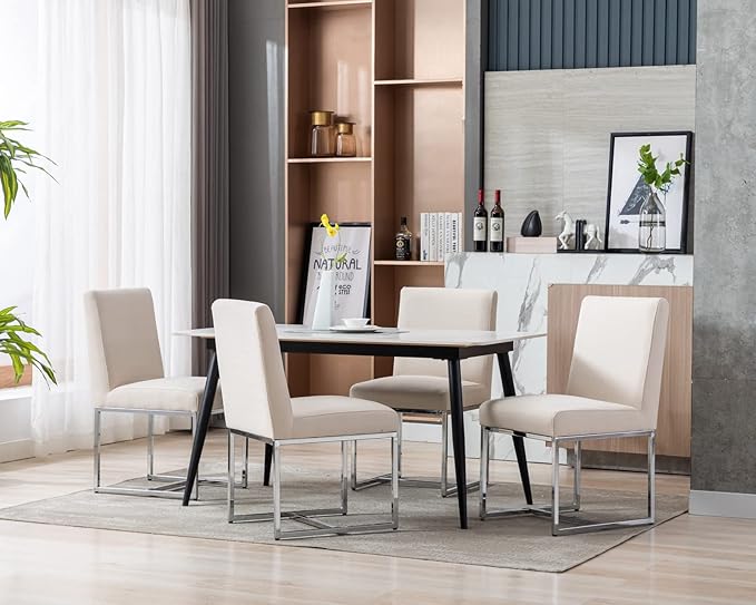CIMOTA Modern Dining Chairs Set of 8, Upholstered Dining Room Chairs Armless Guest Side Chair with Chrome Base for Dining Room/Kitchen, Beige, 8PCS