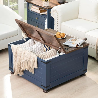 Farmhouse Coffee Table with Hidden Storage, 59 Gallon Square Center Table for Living Room, Rustic Wood Cocktail Tables with Flip-Top Lids, Farm House Tables with Wooden Gourd Feet, Navy Blue