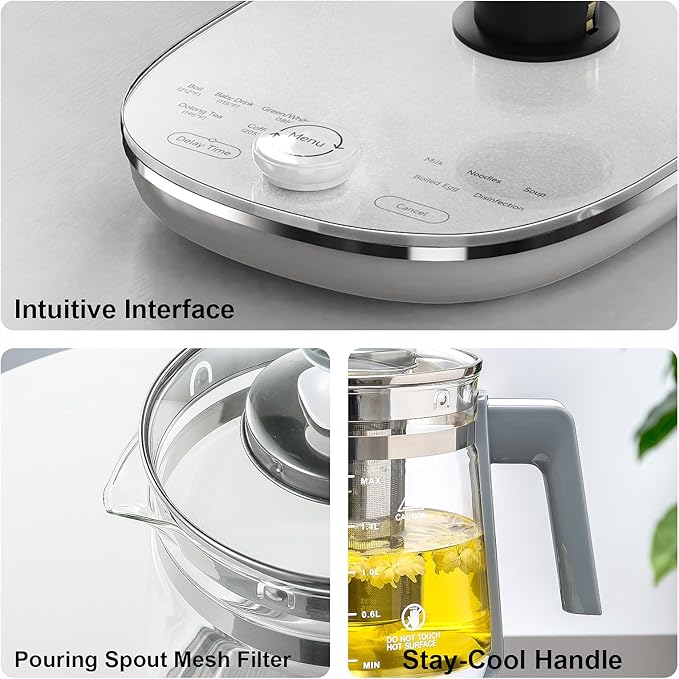 Electric Kettle, 1.5L Borosilicate Glass Hot Water Kettle Electric & Tea Kettle for Coffee or Tea, BPA Free, Auto Shut-Off, Stainless Steel, White, 1200w