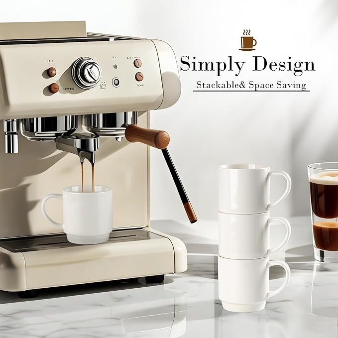 GBHOME 11OZ Stackable Coffee Mugs, Ceramic Coffee Mugs Set of 6 for Man,Woman,Dad,Mom, Porcelain Coffee Mugs for Latte/Cappuccino/Cocoa. Dishwasher&Microwave Safe, Off White