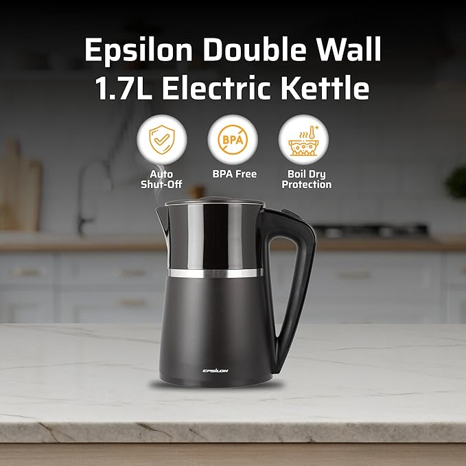 Epsilon Electric Kettle 1100W - 1.7L, Electric Tea Kettle with Boil Dry Protection and Auto Shut-Off, Fast Boil Electric Tea Kettle, Double Wall Stainless Steel, Removable Top and BPA Free