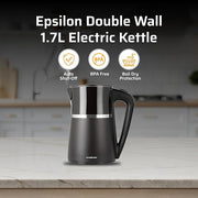 Epsilon Electric Kettle 1100W - 1.7L, Electric Tea Kettle with Boil Dry Protection and Auto Shut-Off, Fast Boil Electric Tea Kettle, Double Wall Stainless Steel, Removable Top and BPA Free