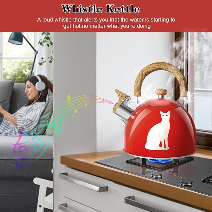 ARC Stainless Steel Red Whistling Tea Kettle, Magic Color Changing Design 2-Quart Stovetop Kettle Whistle Teapot with Folding Cup & Trivet Mat