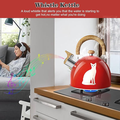 ARC Stainless Steel Red Whistling Tea Kettle, Magic Color Changing Design 2-Quart Stovetop Kettle Whistle Teapot with Folding Cup & Trivet Mat