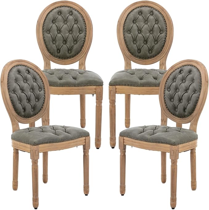 French Country Dining Chairs Set of 4, Vintage Wooden Dining Chairs with PU Leather Upholstered Tufted Seat,Solid Wood Legs&Frame, Farmhouse Kitchen&Living Room Chairs(Pine Green,4 Pcs)