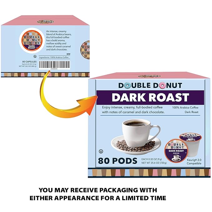Double Donut Dark Roast Coffee Pods, Extra Bold Blend Coffee, Single Serve Coffee For Keurig K Cups Machines, Dark Roast Coffee in Recyclable Pods, 80 Count
