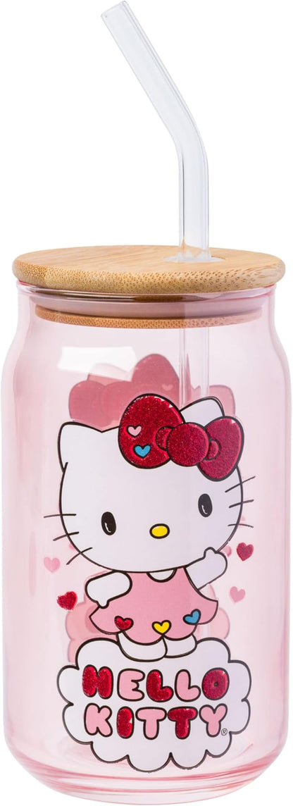Silver Buffalo Sanrio Hello Kitty 2 Pack Iridescent Glitter Glass Jar Tumbler with Bamboo Lid and Glass Straw, 16 Ounces