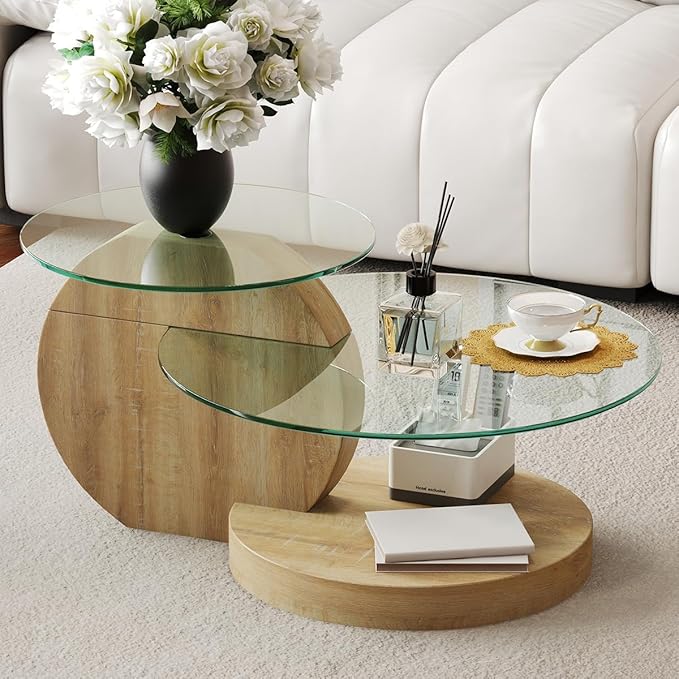 35 Inch Glass Coffee Table，Round Coffee Table with 2-Tier Tempered Glass Tabletop，Easy to Clean Circle Coffee Table with Sturdy Base for Living Room，Office (Natural Wood-Colored Base)