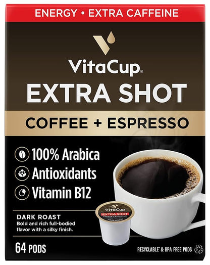 VitaCup Extra Shot Strong Coffee Pods, Bold & Intense Dark Roast w/Espresso Shot, High Caffeine, Vitamin B12, Antioxidants, Recyclable Single Serve Pod Compatible with Keurig K-Cup Brewers, 64ct