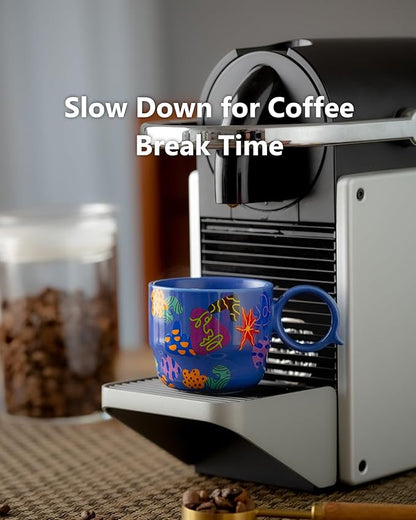 Ceramic Espresso Cups Set of 2 – Mini 3 oz Double Espresso Coffee Cups with Cute Q Handle, Floral and fruit Patterns, Small Blue Demitasse Shot Cups for Coffee Machine