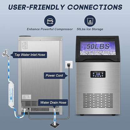 Commercial Ice Maker Machine 150LBS/24H with 50LBS Storage Bin, Stainless Steel Undercounter/Freestanding Ice Maker Machine for Home Bar Outdoor, 55PCS Ice Cubes Ice Machine, Self Cleaning