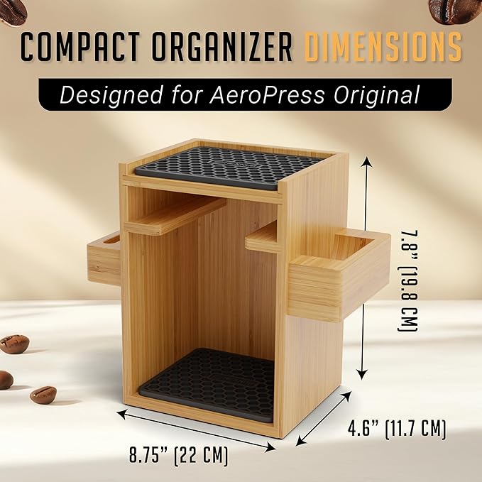 HEXNUB – Compact AeroPress Organizer Stand, Bamboo Coffee Caddy for AeroPress Coffee Maker, Accessories, Filters, Cups, Includes Mats - Black