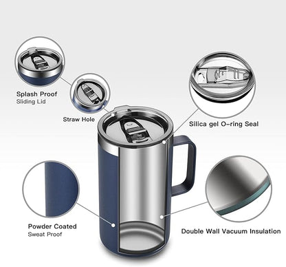 KXIAOCHEN 20oz Insulated Coffee Mug with Lid, Stainless Steel Coffee Cup, Double Wall Vacuum Coffee Tumbler with Handle, Premium Thermal Travel Coffee Mug (Navy Blue)