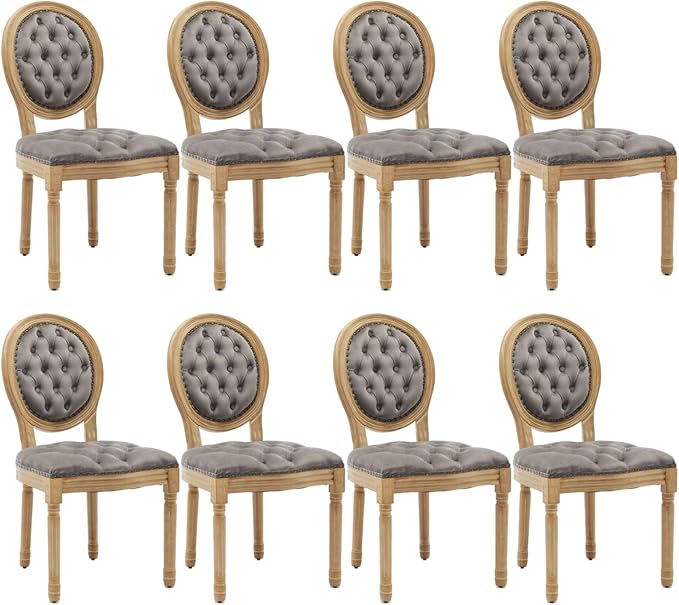 French Country Dining Chairs Set of 8, Vintage Wooden Dining Chairs with Fabric Upholstered Tufted Seat,Solid Wood Legs&Frame, Farmhouse Kitchen&Living Room Chairs(Gray,8 Pcs)