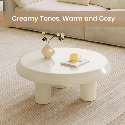 Round Coffee Table, White Cream Modern Center Table, Side Table for Living Room, Bedroom, Home Office, Small Space
