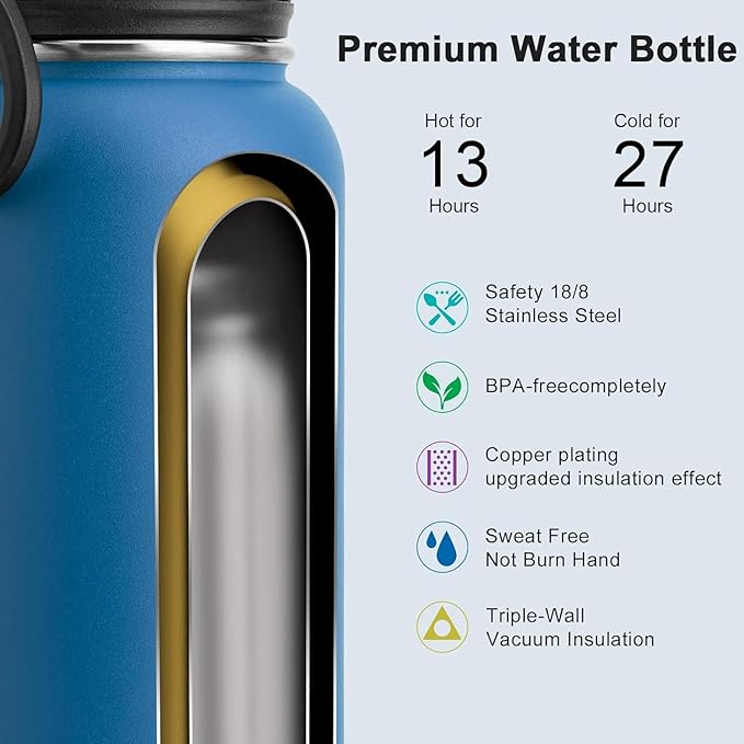 KOODEE 26 oz Insulated Water Bottle Stainless Steel Double Wall Vacuum Metal Sports Water Bottle with Leakproof Spout Lid, Wide Mouth Water Bottle (Navy)