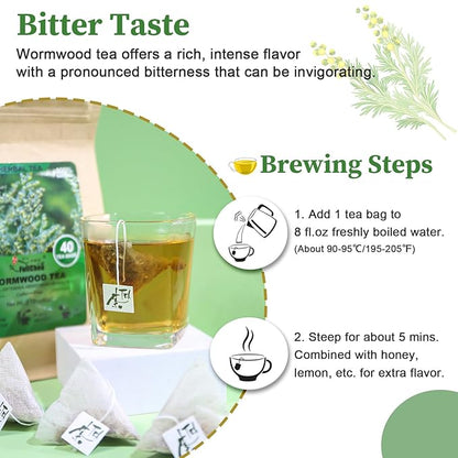 Fullchea - Wormwood Tea Bags, 40 Teabags - Bitter Herbal Tea - Pure Wormwood - Non-GMO - Caffeine-Free - Support Digestion & Well-being