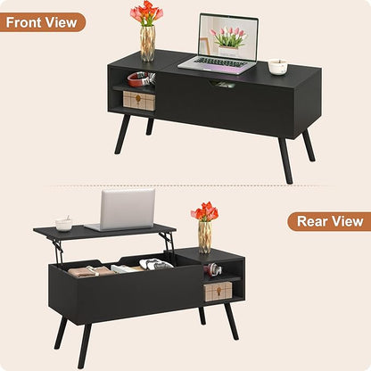 ALINE FURNITURE Black Lift Top Coffee Table with Hidden Storage Compartment, Solid Wood Legs & Open Shelves - 40" Pop Up Coffee Tables for Living Room