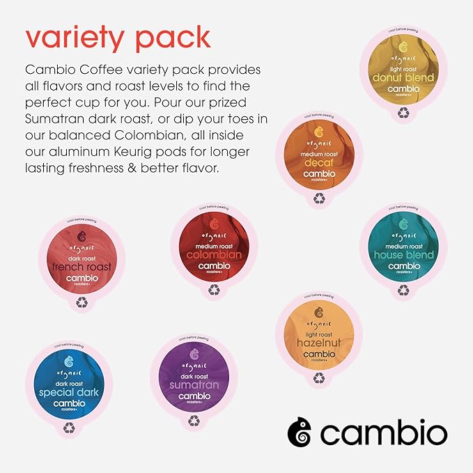 Cambio Roasters Keurig Coffee Pods Variety Pack, Only Aluminum Coffee K Cup for Better Taste, Longer Lasting Freshness, Includes Light Roast, Dark Roast, & Organic Decaf K Cups for Keurig, 32 Count