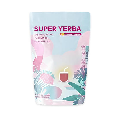 Super Yerba,Yerba Mate Instant Tea Powder,3-in-1 Formula with Low Sugar Prebiotics & Probiotics - Raspberry Lemonade Flavor with Lion's Mane,Energy Support & Focus Enhancer - Gluten-Free, Vegan, Non-GMO, 30 Servings