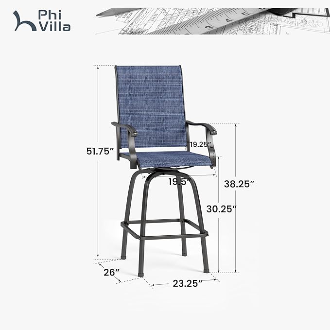 PHI VILLA Outdoor Swivel Bar Stools Set of 4, Bar Height Patio Stools & Chairs with All Weather Textilene Sling Fabric, 30 Inch High Top Tall Bar Chairs for Outside Balcony & Porch, Blue