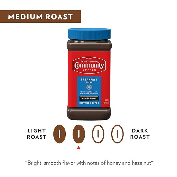 Community Coffee Breakfast Blend Instant Coffee, Medium Roast, 7 Ounce Jar (Pack of 12)