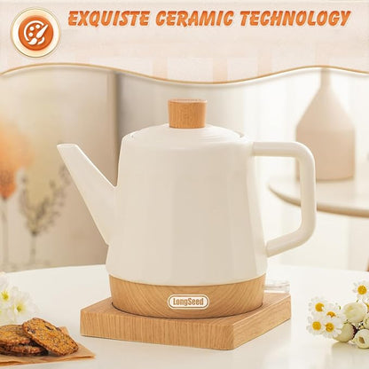 Ceramic Electric Kettle, Automatic Shut Off Tea Kettle & Hot Water Boiler Pot For Coffee & Tea, Prevent Boil Dry, 1.2L 1000W, Cream White