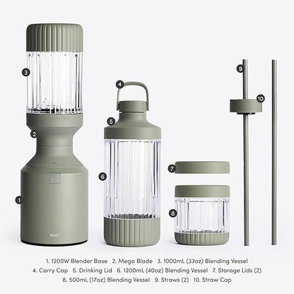 Beast Mega 1200 Plus | Premium Countertop Blender | Smoothies, Shakes, Sauces, Dips, Soups | Blends Ice and Frozen Fruit | XL Vessel | With Extra Vessels, Straw System | 1200W | (Sage, 120V)