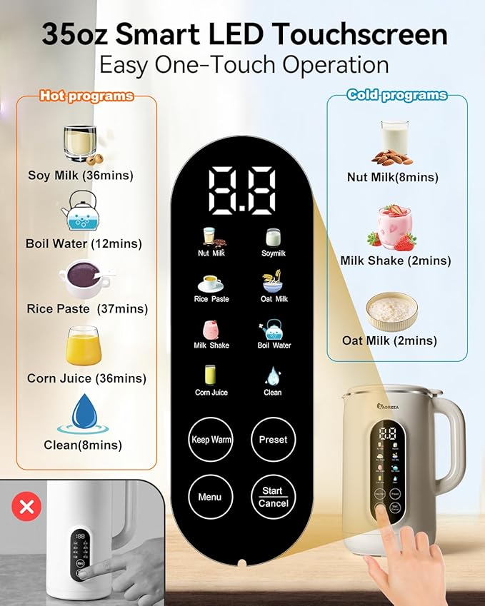 IAGREEA 8 in 1 Nut Milk Maker Machine Stainless Steel Lid BPA Free for Homemade Almond/Oat/Soymilk, 35 oz(1L) Almond Milk Maker Machine with 8 Mins Self-Cleaning, 2 hrs Keep Warm, 750W Stirring Power