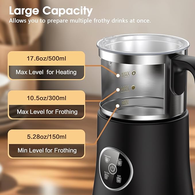 Milk Frother and Steamer, Large Capacity Detachable Electric Milk Frother, Automatic Warm and Cold Foam Maker, Hot Chocolate Maker, BPA Free, Black