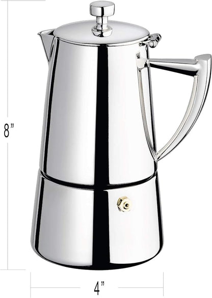Cuisinox Moka Pot Coffee Espresso Maker – Stainless Steel Roma Stovetop Espresso Coffee Maker, Induction Compatible, Durable Long-Lasting, Dishwasher Safe, Heat-Resistant Handle, 6-Cup, 300ml, 10oz
