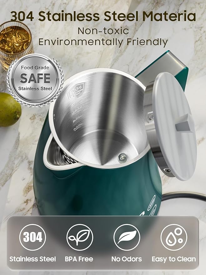 Temperature Control Electric Kettle, 5 Temp Presets, 2H Keep Warm, 1.25L 1200W Fast Boil with LED Display, Cool-Touch Design with Auto Shut-Off, Cordless Design, Ideal for Tea and Coffee（Green）