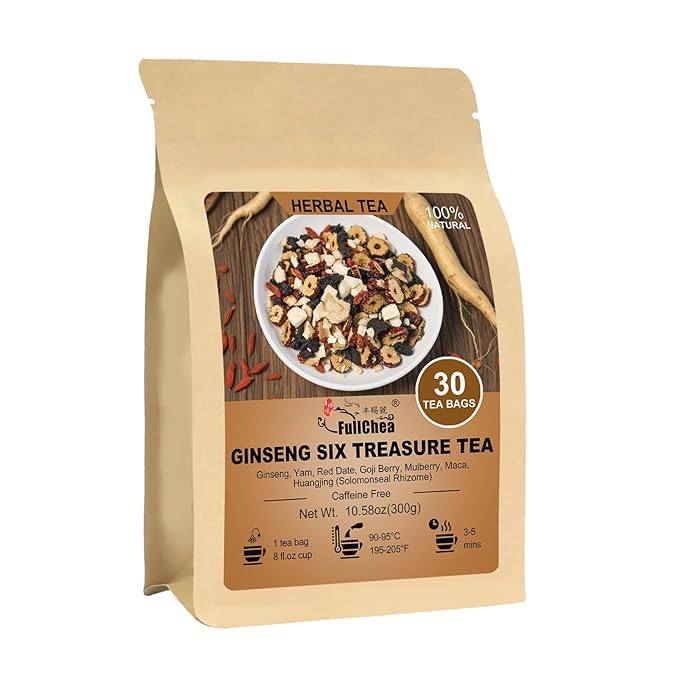 FullChea - Ginseng Six Treasure Tea, 30 Teabags, Traditional Chinese Herbal Blend for Kidney Health, Detox Tea With Ginseng, Mulberry, Huangjing, Maca, Goji Berry, Red Dates, Yam - Support Wellness