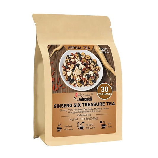 FullChea - Ginseng Six Treasure Tea, 30 Teabags, Traditional Chinese Herbal Blend for Kidney Health, Detox Tea With Ginseng, Mulberry, Huangjing, Maca, Goji Berry, Red Dates, Yam - Support Wellness