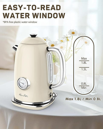 Harriet Electric Kettle, 1.8L Retro Electric Tea Kettle with Thermometer, 1500W Stainless Steel Hot Water Kettle Electric with LED Indicator, Fast Boiling, Cordless, Auto Shut-Off, Beige White