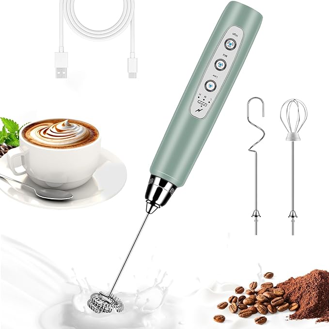 Milk Frother Handheld for Coffee, Electric Whisk 3 Speed Adjustable, Drink Mixer with Stainless 3 Whisks, Rechargeable Hand Frother Wand, Foam Maker for Latte Cappuccino Hot Chocolate Egg Green