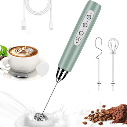Milk Frother Handheld for Coffee, Electric Whisk 3 Speed Adjustable, Drink Mixer with Stainless 3 Whisks, Rechargeable Hand Frother Wand, Foam Maker for Latte Cappuccino Hot Chocolate Egg Green
