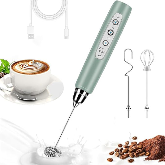 Milk Frother Handheld for Coffee, Electric Whisk 3 Speed Adjustable, Drink Mixer with Stainless 3 Whisks, Rechargeable Hand Frother Wand, Foam Maker for Latte Cappuccino Hot Chocolate Egg Green