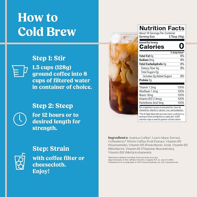 Bulletproof The High Achiever Coarse Ground Cold Brew Coffee, 10 Ounces, Medium-Dark Roast Enhanced Coffee with Lion's Mane Mushroom, B Vitamins, and Adaptogens for Energy and Focus